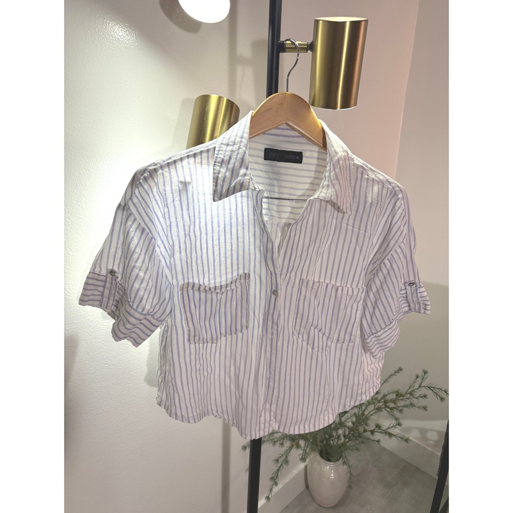 Zara button up short sleeve striped sun faded preloved Med. guc casual cotton